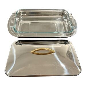 Vintage Pyrex 237T Casserole Dish & Summit 18/10 SS Server Gold Handle Set